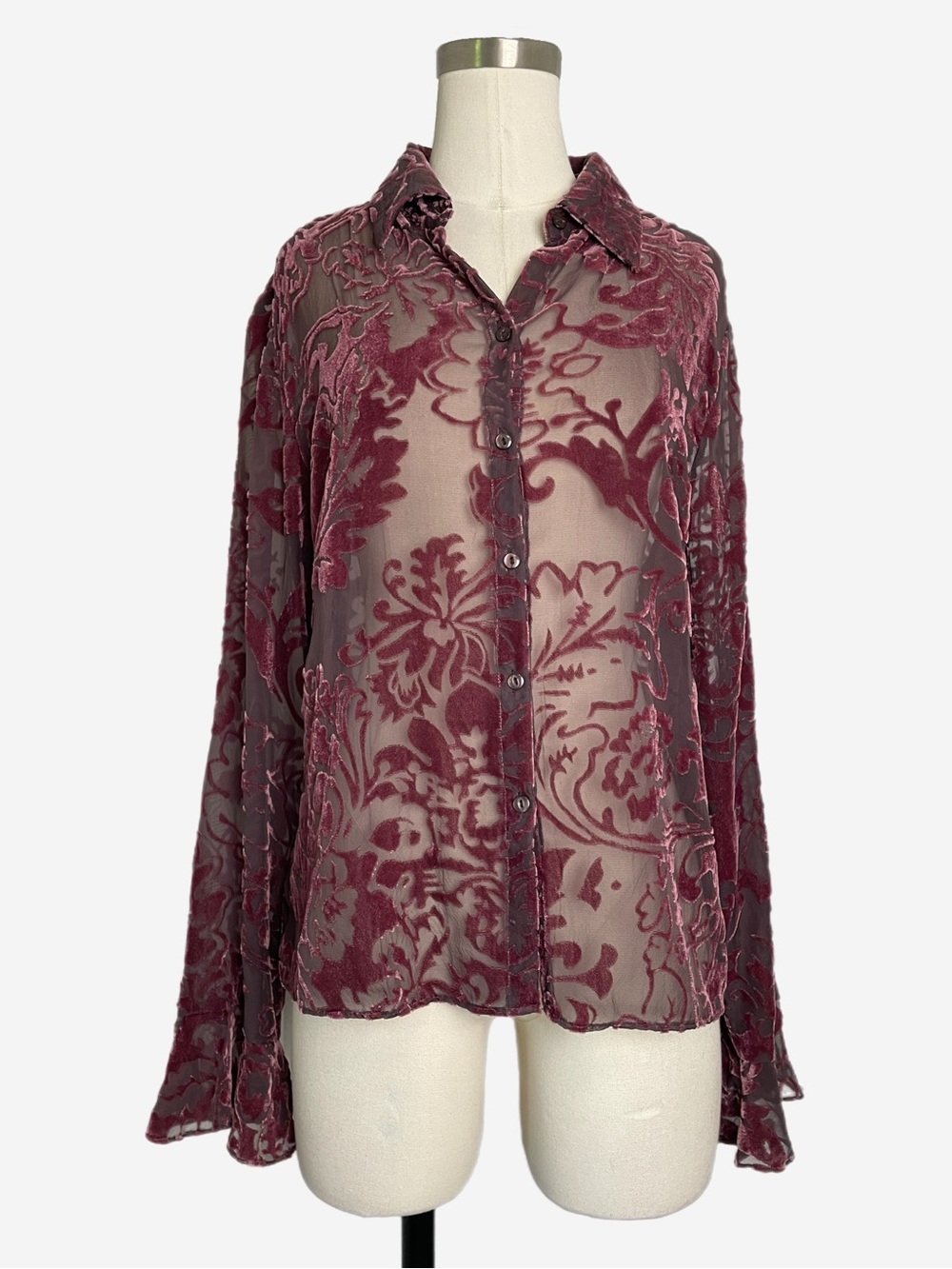 Worthington Purple brown floral velvet burnout sheer blouse whimsigoth fall L